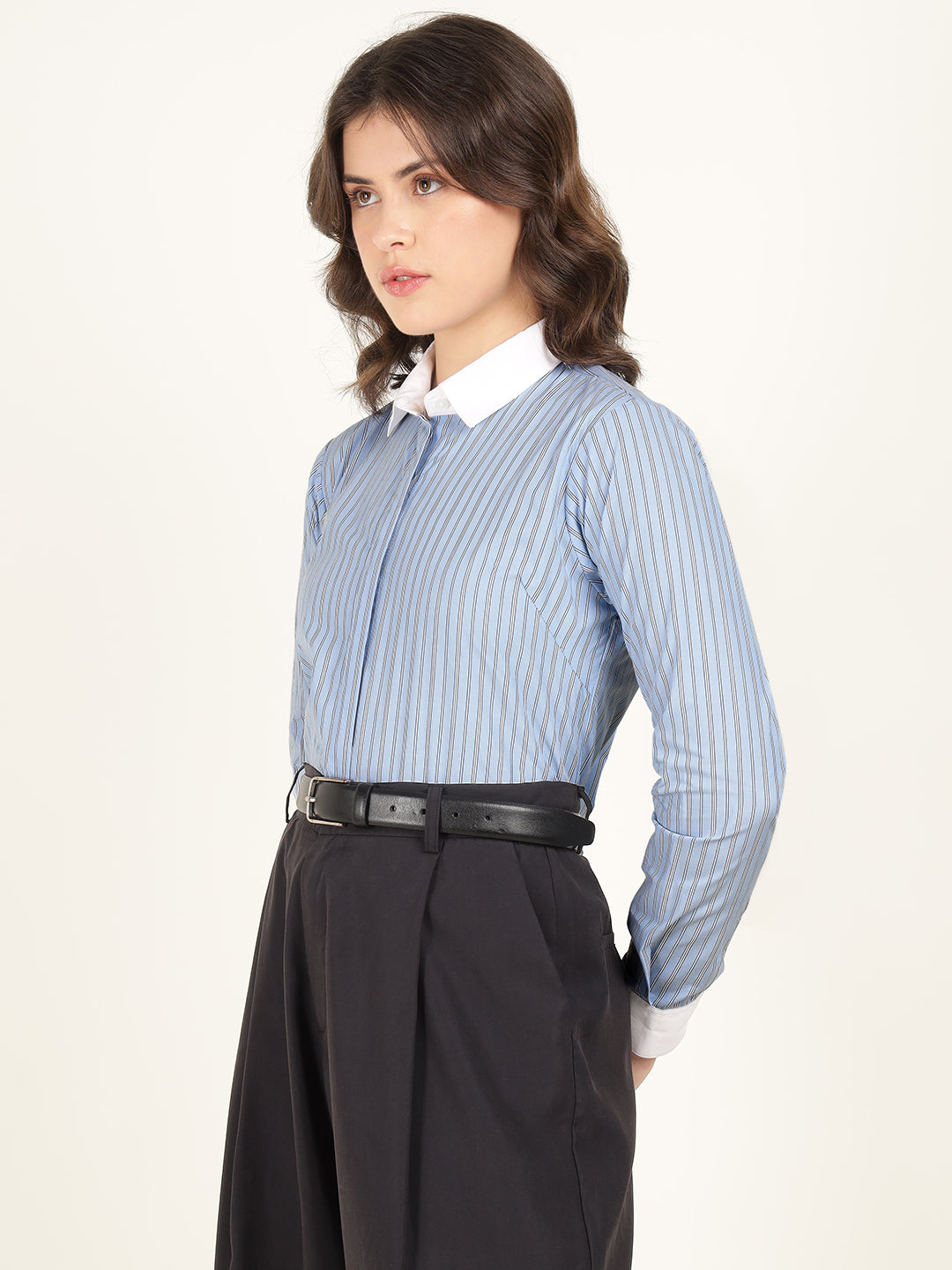Women Blue Striped Pure Cotton Regular Fit Formal Shirt