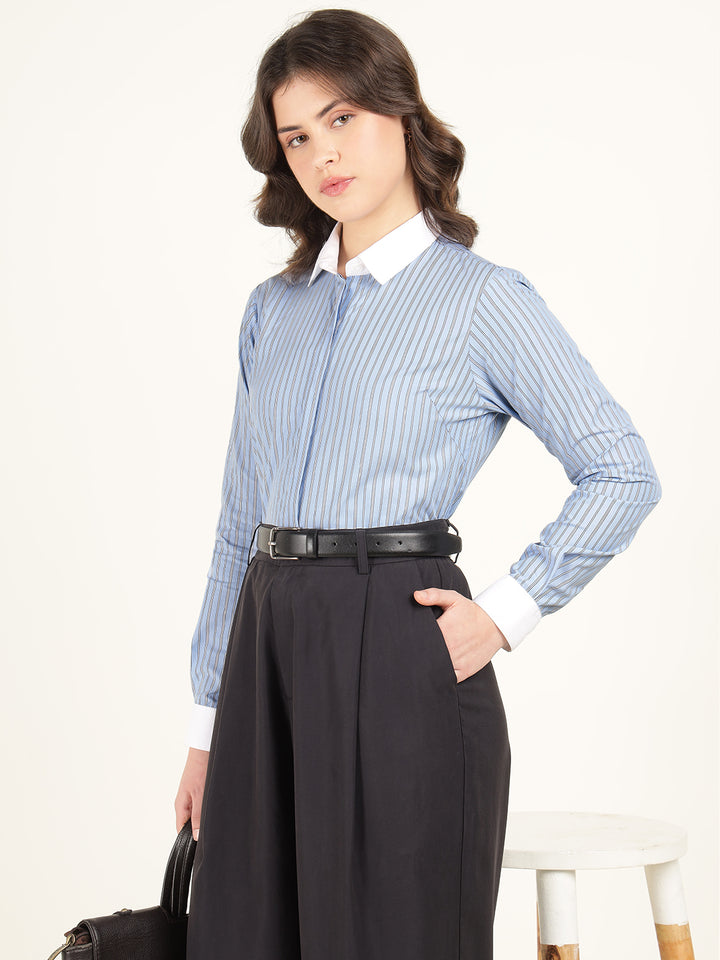 Women Blue Striped Pure Cotton Regular Fit Formal Shirt
