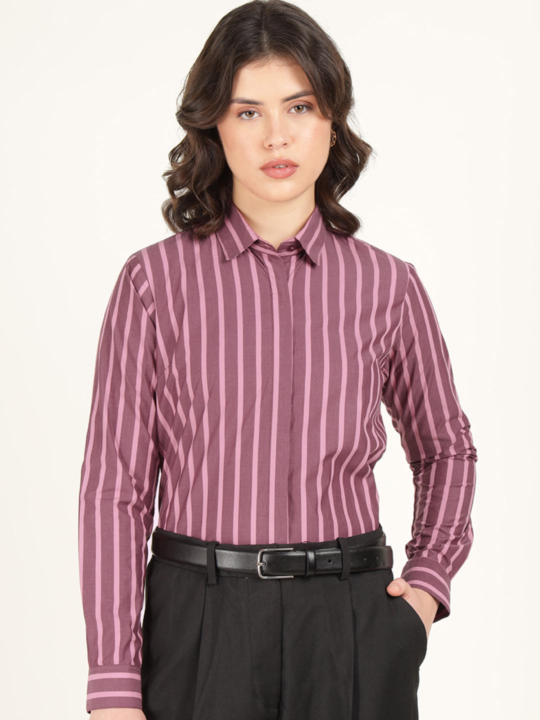 Hancock Women Bugundy Striped Pure Cotton Regular Fit Formal Shirt