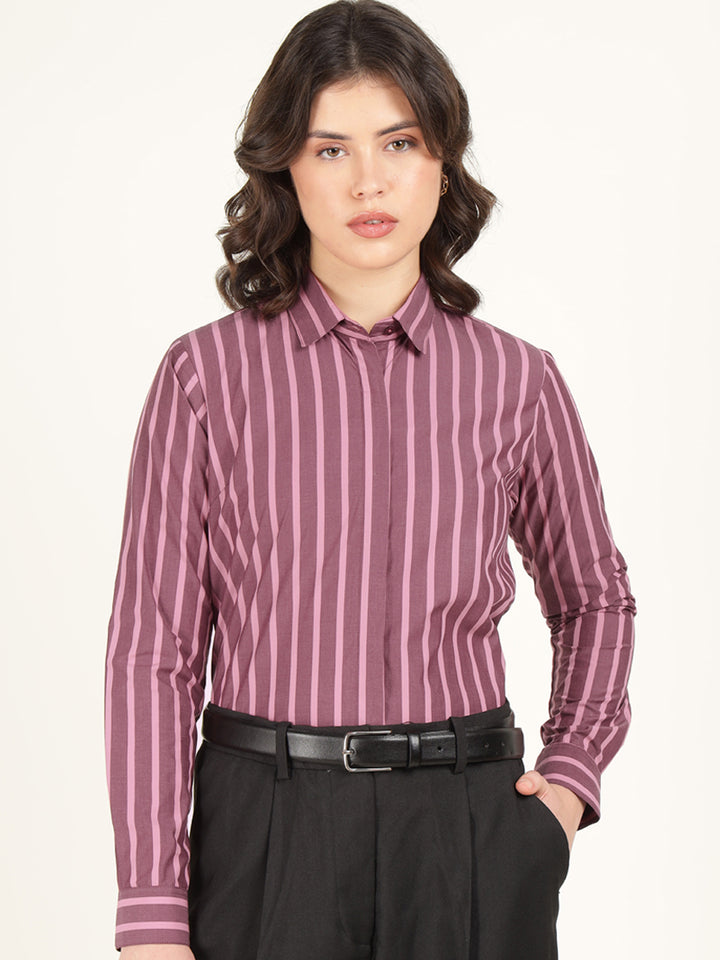 Hancock Women Bugundy Striped Pure Cotton Regular Fit Formal Shirt