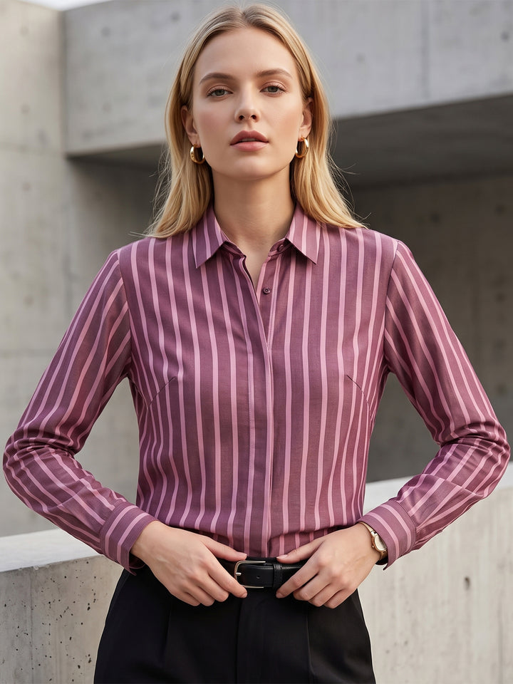 Women Bugundy Striped Pure Cotton Regular Fit Formal Shirt