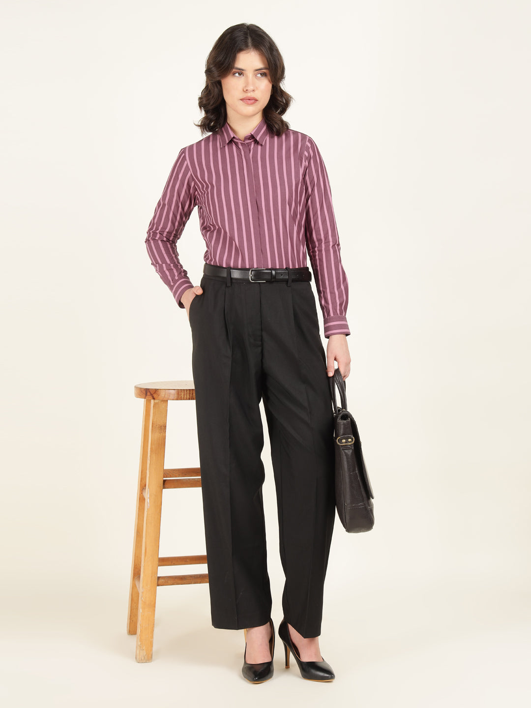 Hancock Women Bugundy Striped Pure Cotton Regular Fit Formal Shirt