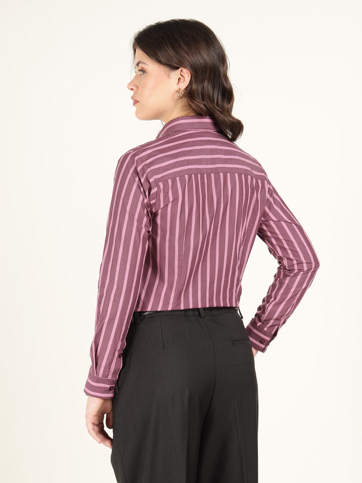 Hancock Women Bugundy Striped Pure Cotton Regular Fit Formal Shirt
