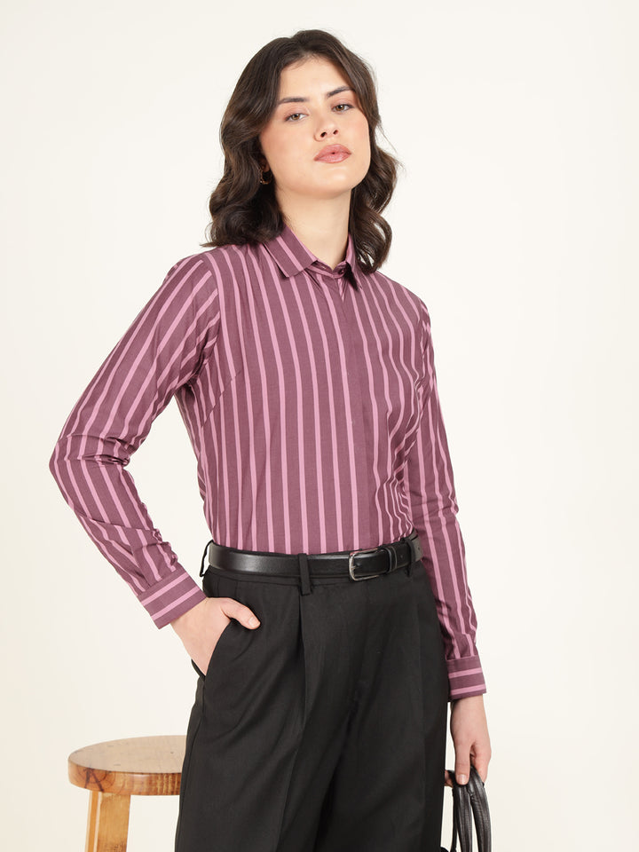 Hancock Women Bugundy Striped Pure Cotton Regular Fit Formal Shirt