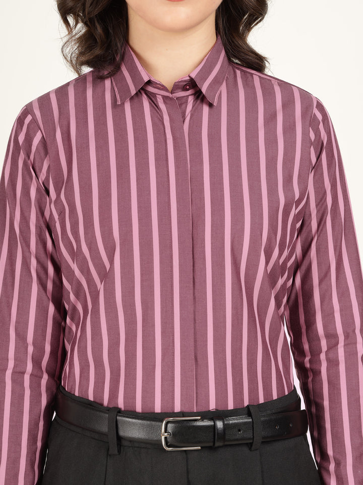 Hancock Women Bugundy Striped Pure Cotton Regular Fit Formal Shirt