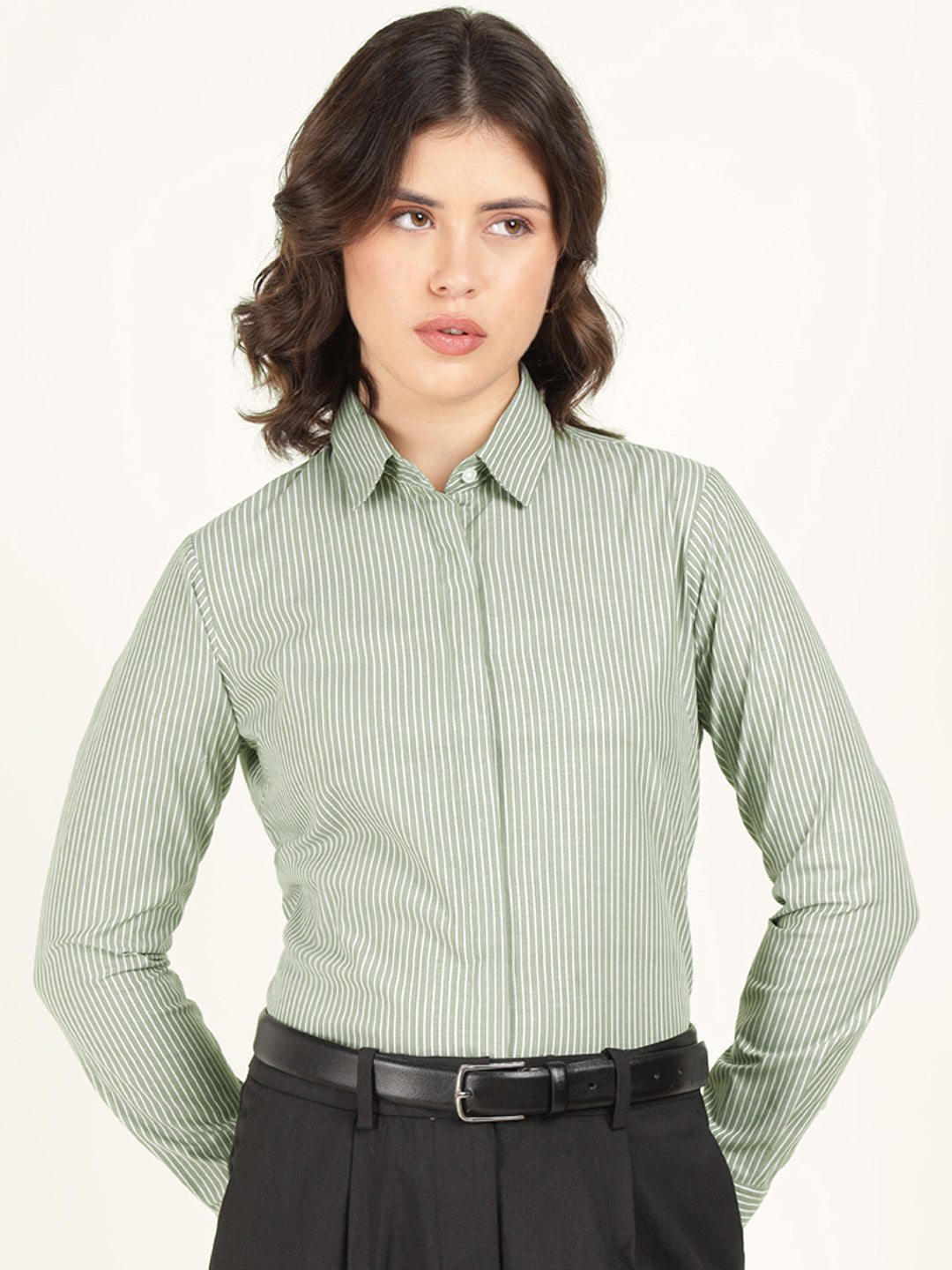 Women Green Striped Pure Cotton Regular Fit Formal Shirt