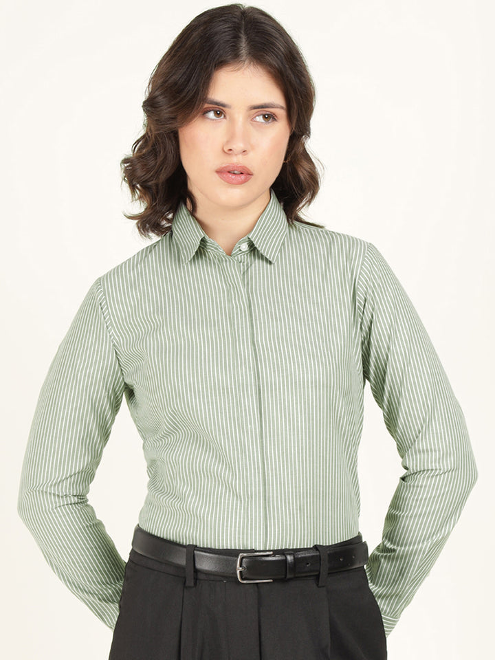 Women Green Striped Pure Cotton Regular Fit Formal Shirt