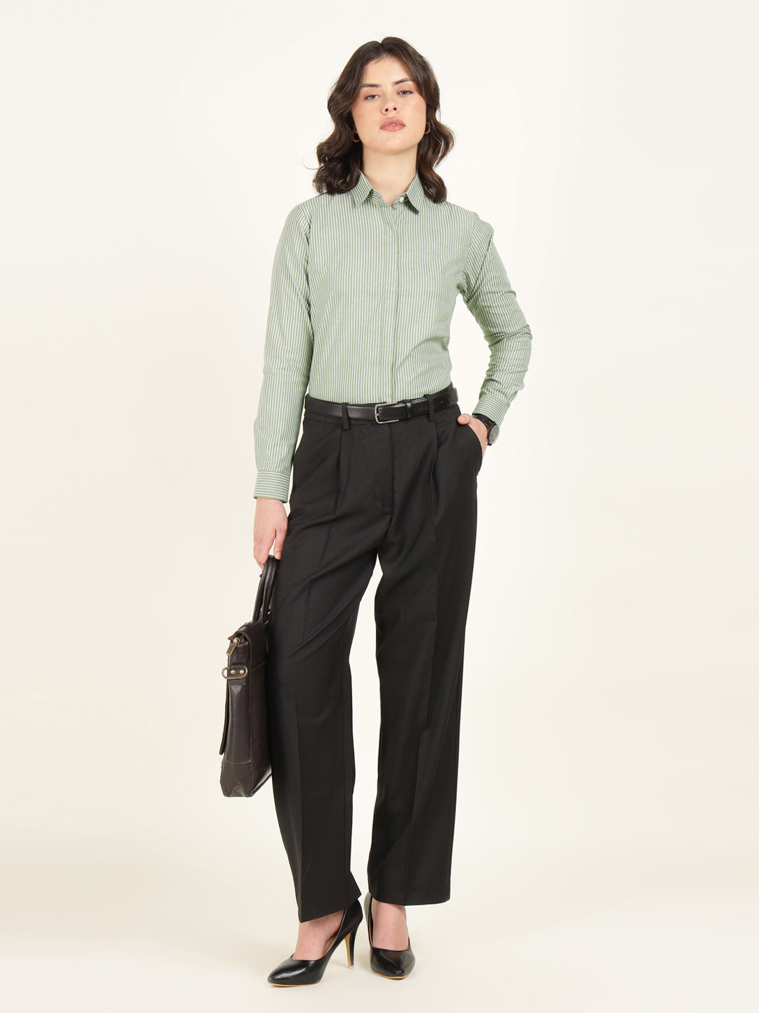 Women Green Striped Pure Cotton Regular Fit Formal Shirt