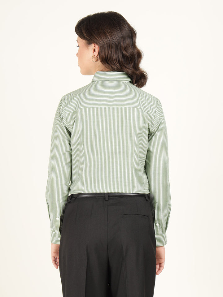 Women Green Striped Pure Cotton Regular Fit Formal Shirt