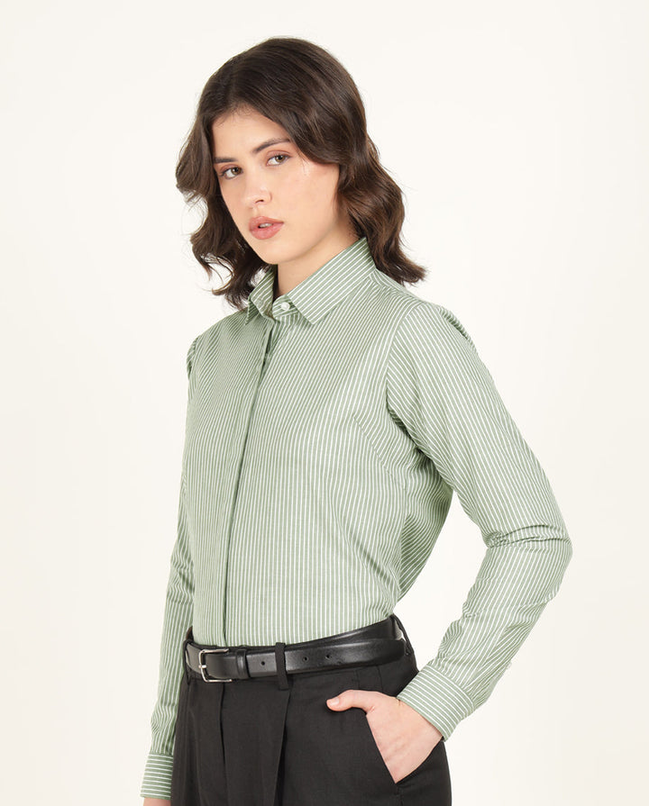 Women Green Striped Pure Cotton Regular Fit Formal Shirt