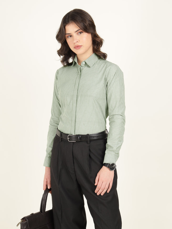 Women Green Striped Pure Cotton Regular Fit Formal Shirt