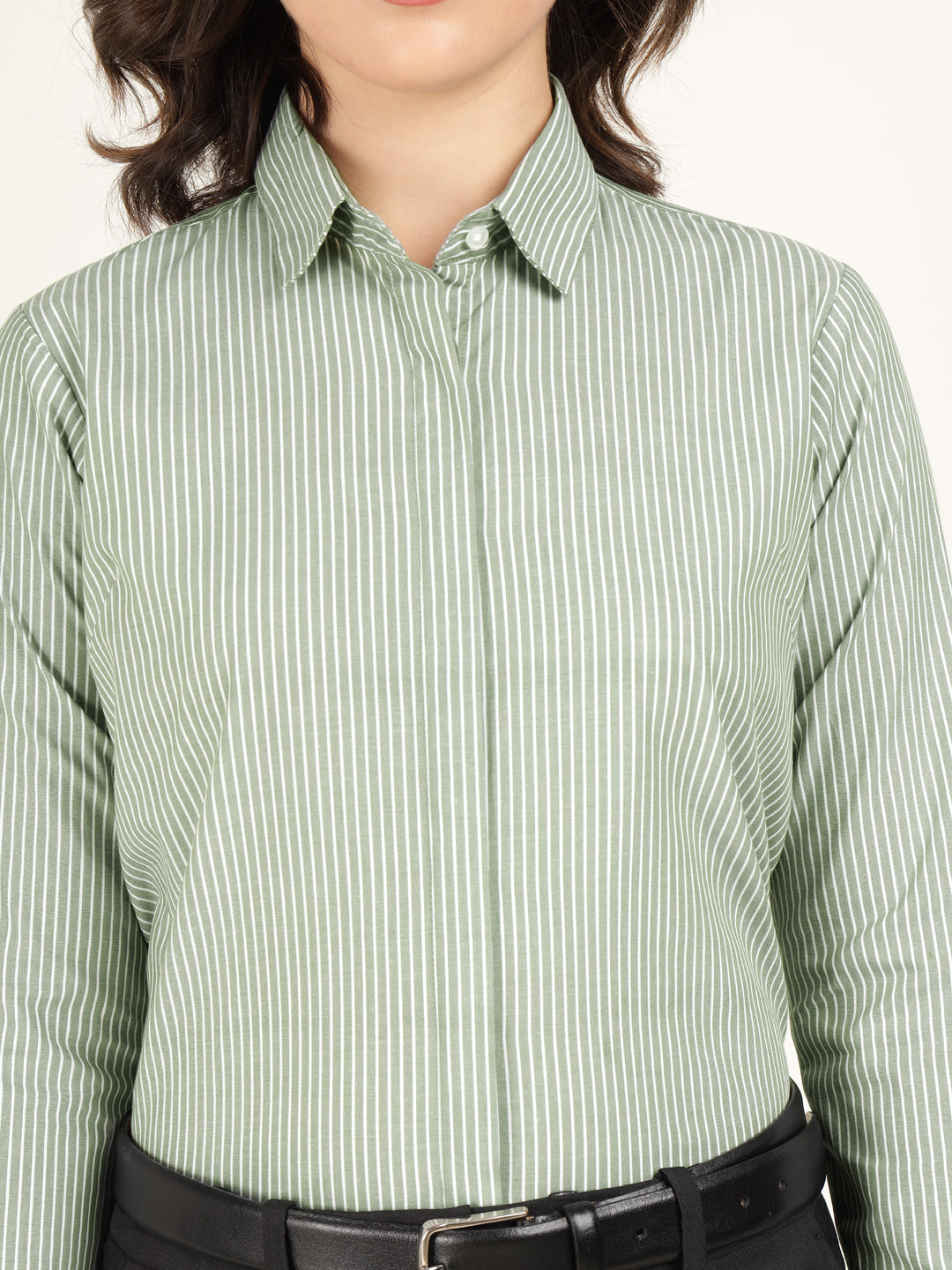 Women Green Striped Pure Cotton Regular Fit Formal Shirt