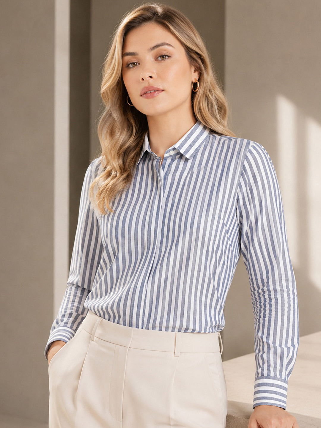 Women White & Blue Striped Pure Cotton Regular Fit Formal Shirt
