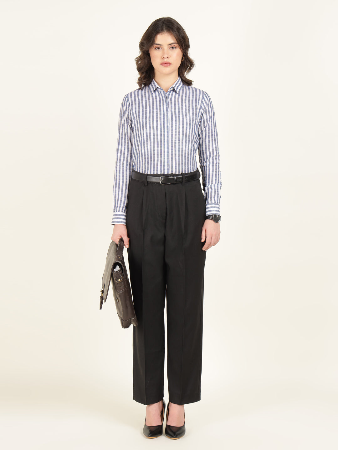 Women White & Blue Striped Pure Cotton Regular Fit Formal Shirt
