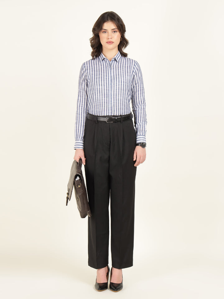 Women White & Blue Striped Pure Cotton Regular Fit Formal Shirt