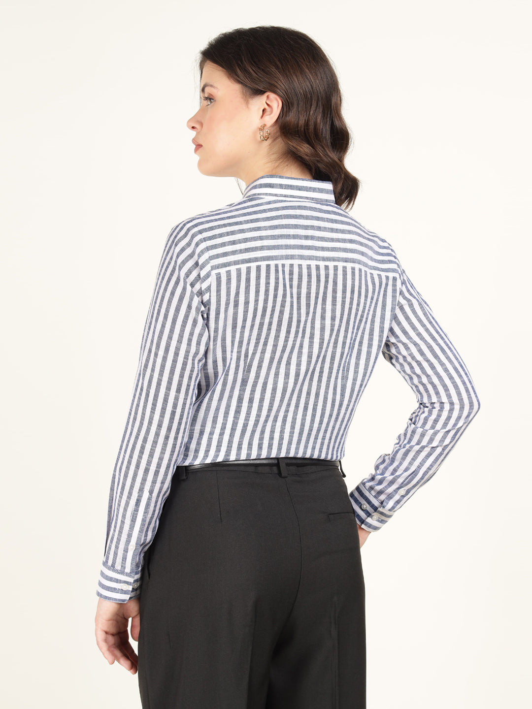 Women White & Blue Striped Pure Cotton Regular Fit Formal Shirt