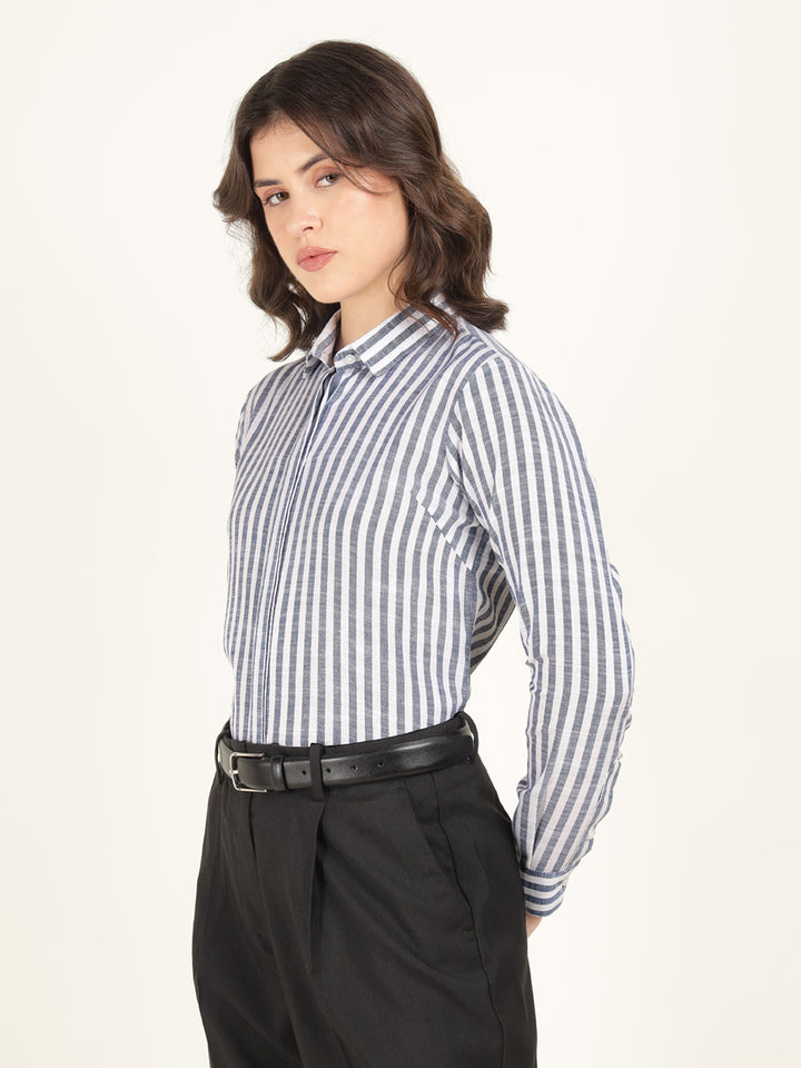 Women White & Blue Striped Pure Cotton Regular Fit Formal Shirt