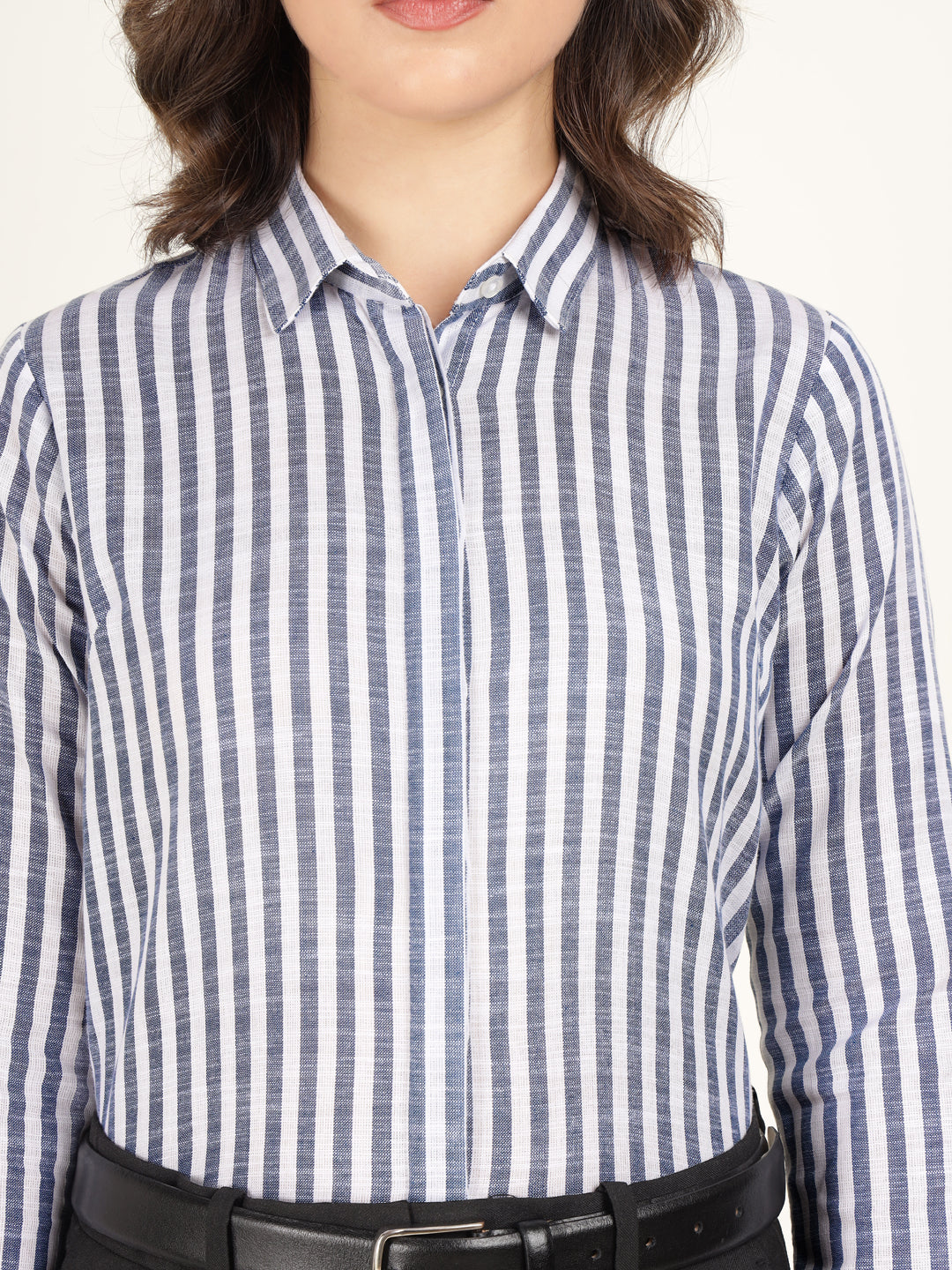 Women White & Blue Striped Pure Cotton Regular Fit Formal Shirt