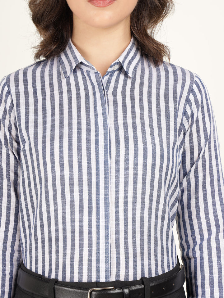 Women White & Blue Striped Pure Cotton Regular Fit Formal Shirt