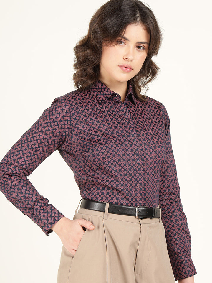 Women Navy Blue Printed Pure Cotton Regular Fit Formal Shirt