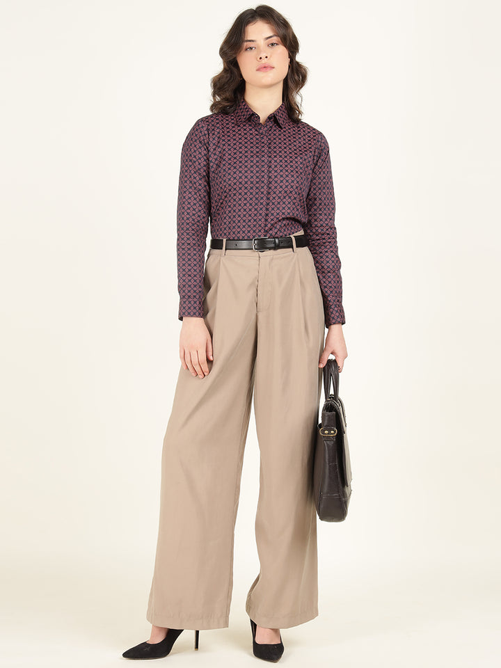 Women Navy Blue Printed Pure Cotton Regular Fit Formal Shirt