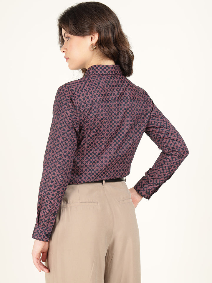 Women Navy Blue Printed Pure Cotton Regular Fit Formal Shirt