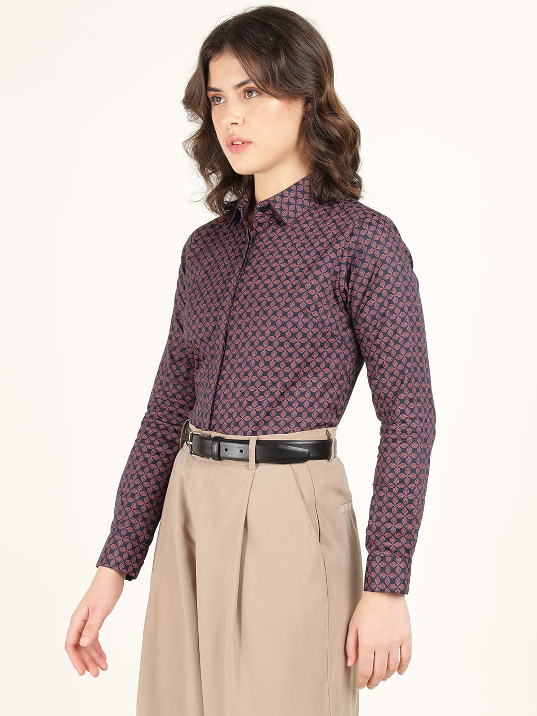 Women Navy Blue Printed Pure Cotton Regular Fit Formal Shirt
