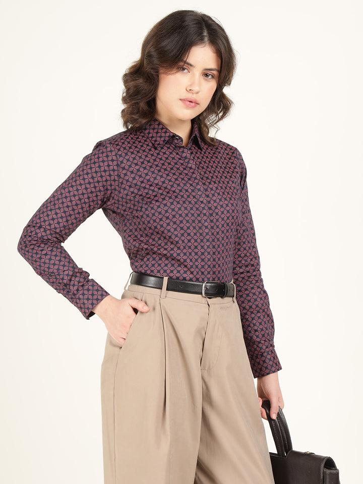 Women Navy Blue Printed Pure Cotton Regular Fit Formal Shirt