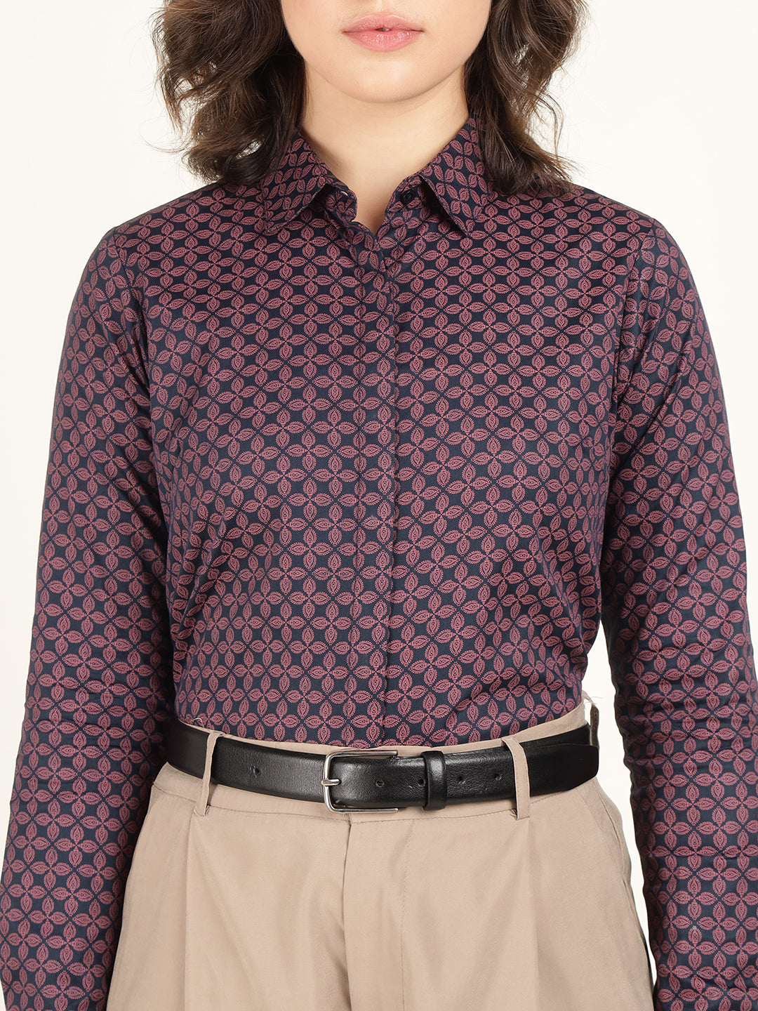 Women Navy Blue Printed Pure Cotton Regular Fit Formal Shirt
