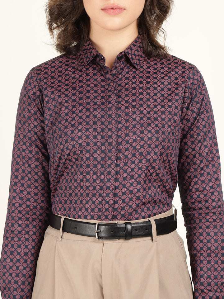 Women Navy Blue Printed Pure Cotton Regular Fit Formal Shirt