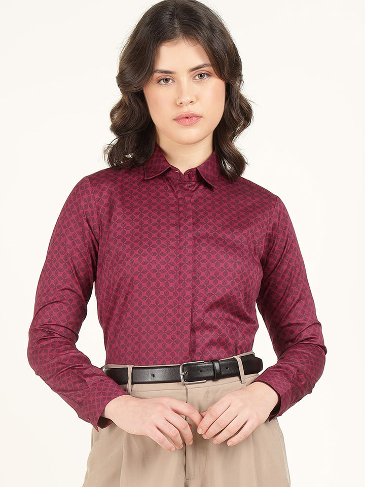 Women Maroon Printed Pure Cotton Regular Fit Formal Shirt