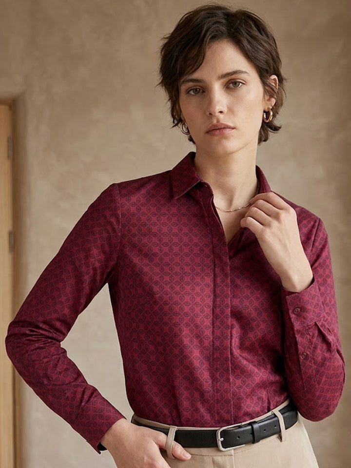 Women Maroon Printed Pure Cotton Regular Fit Formal Shirt