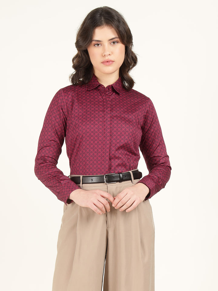 Women Maroon Printed Pure Cotton Regular Fit Formal Shirt