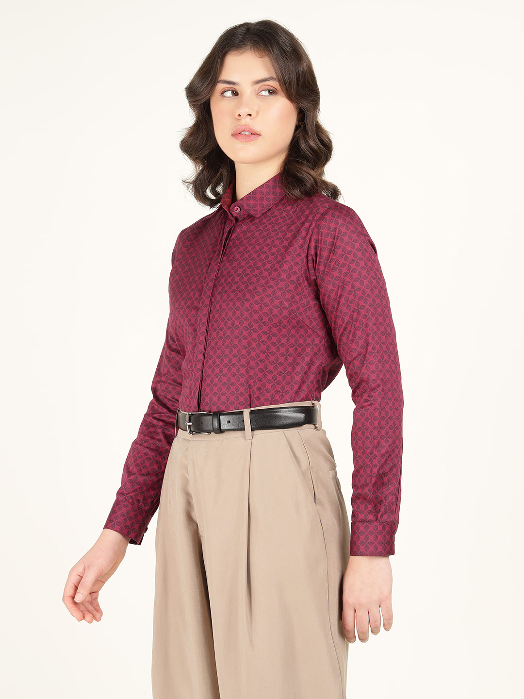 Women Maroon Printed Pure Cotton Regular Fit Formal Shirt