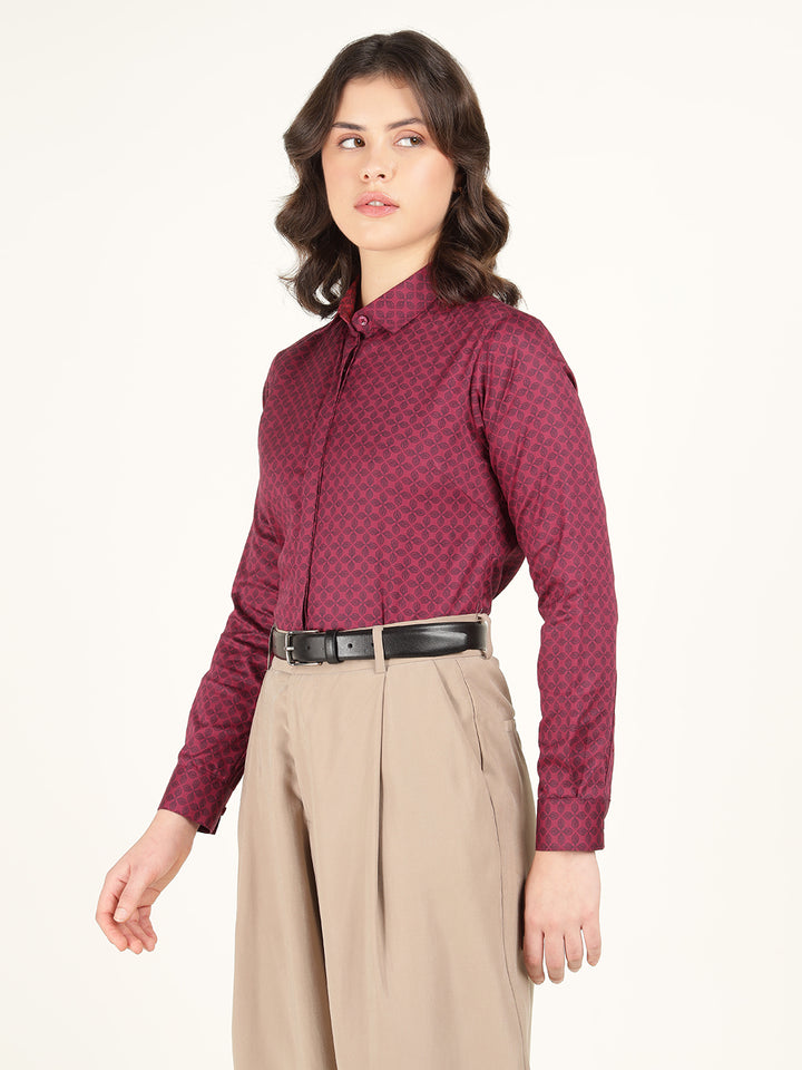 Women Maroon Printed Pure Cotton Regular Fit Formal Shirt