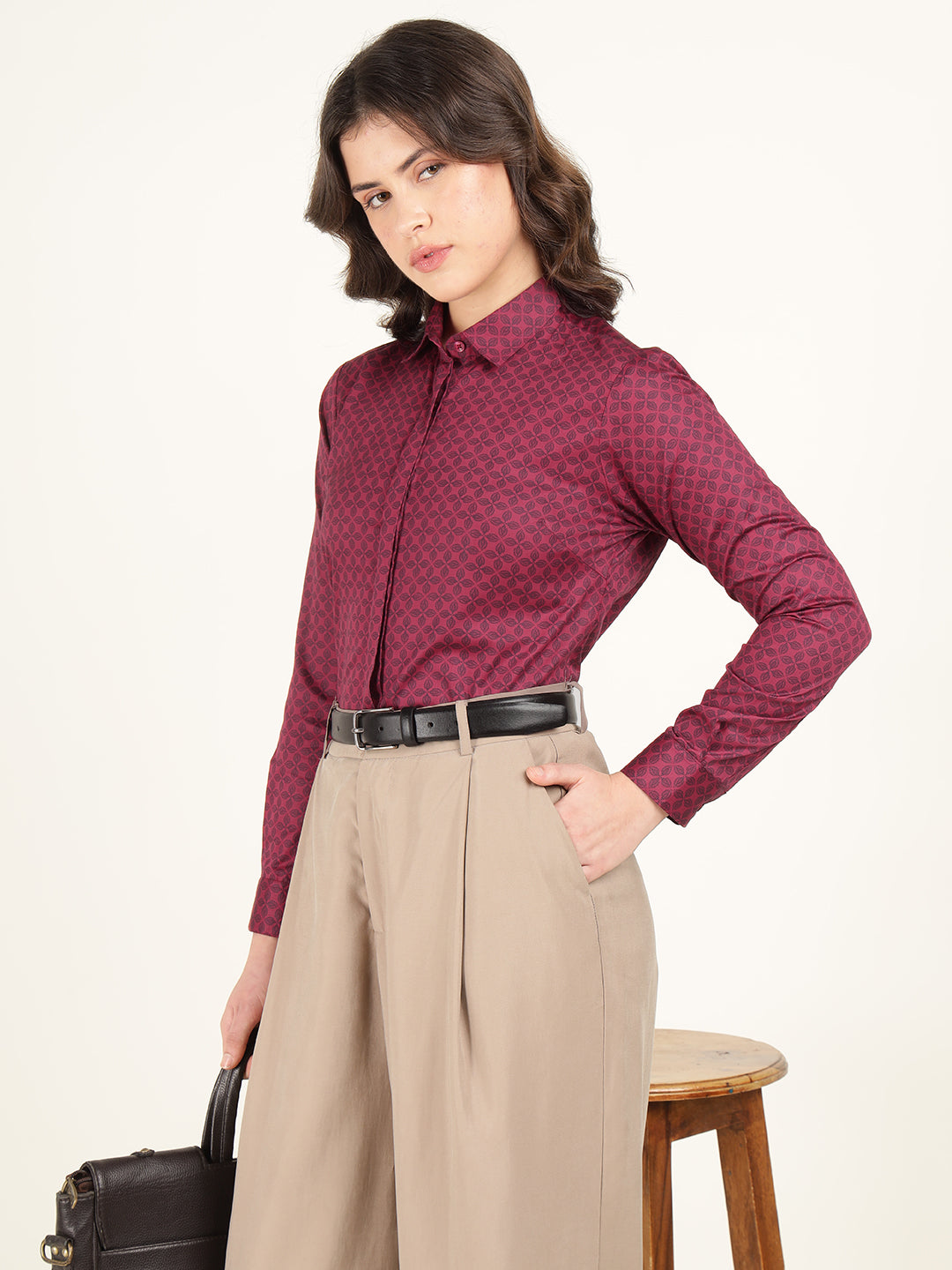 Women Maroon Printed Pure Cotton Regular Fit Formal Shirt
