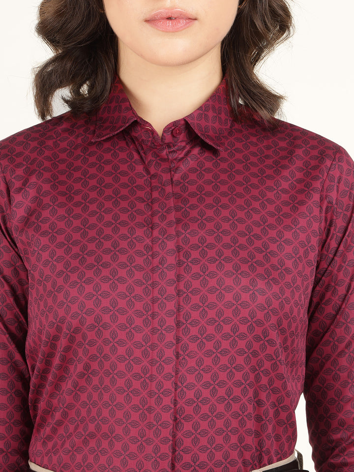 Women Maroon Printed Pure Cotton Regular Fit Formal Shirt