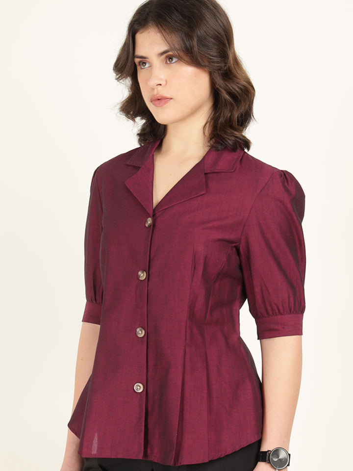 Women Maroon Solid Pure Cotton Regular Fit Formal Shirt