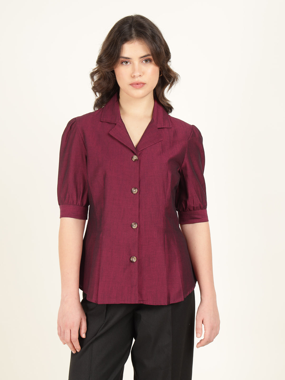 Women Maroon Solid Pure Cotton Regular Fit Formal Shirt