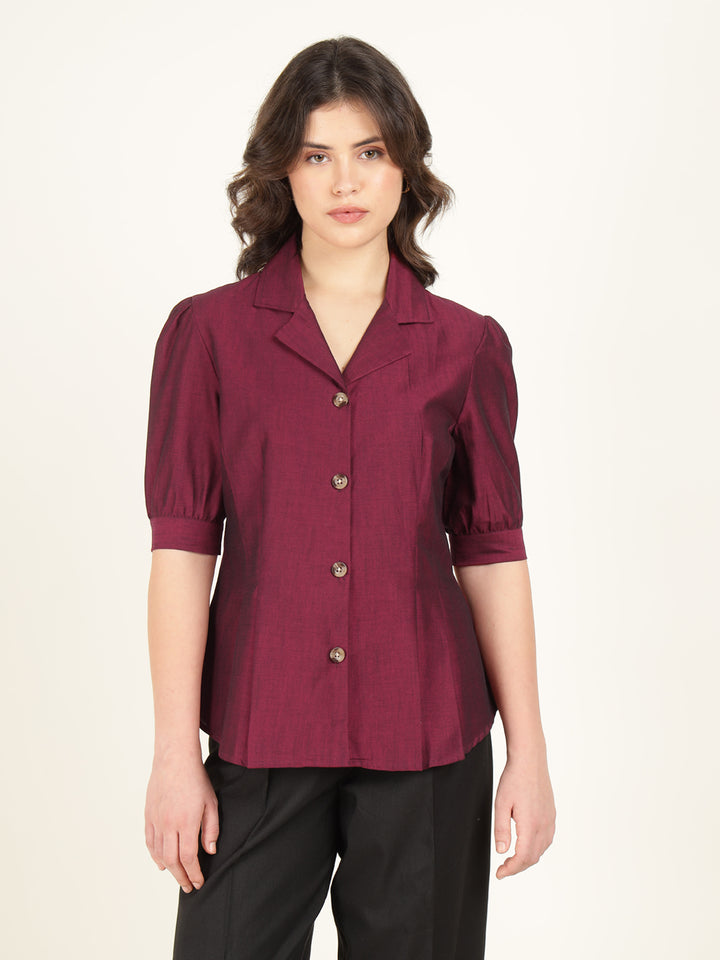 Women Maroon Solid Pure Cotton Regular Fit Formal Shirt
