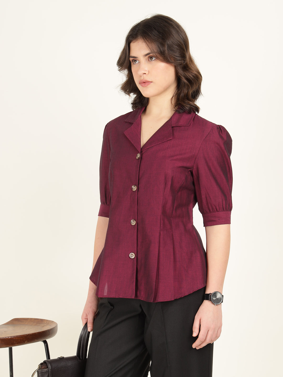 Women Maroon Solid Pure Cotton Regular Fit Formal Shirt