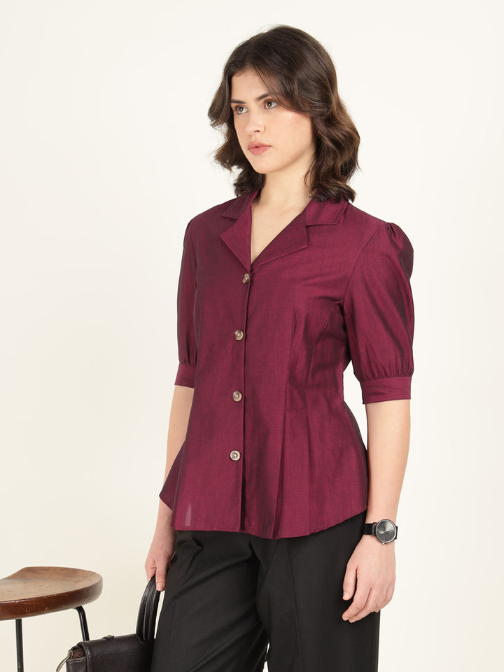 Women Maroon Solid Pure Cotton Regular Fit Formal Shirt