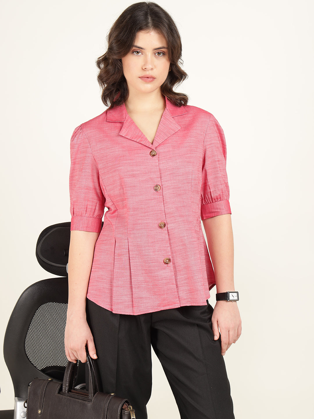 Women Coral Solid Pure Cotton Regular Fit Formal Shirt