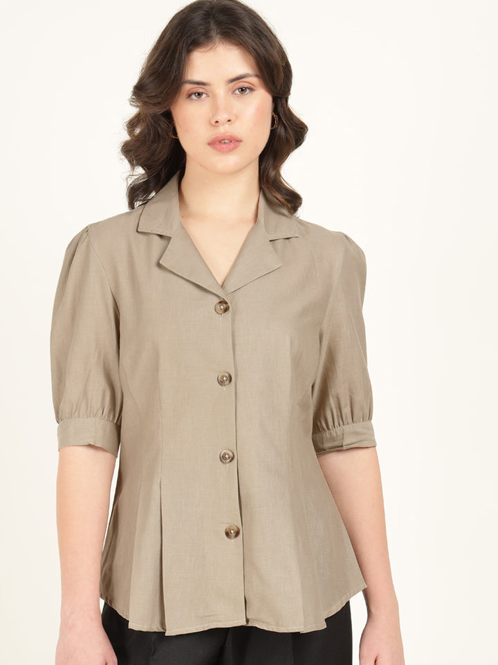 Hancock Women Beige Solid Pure Cotton Regular Fit Formal Shirt