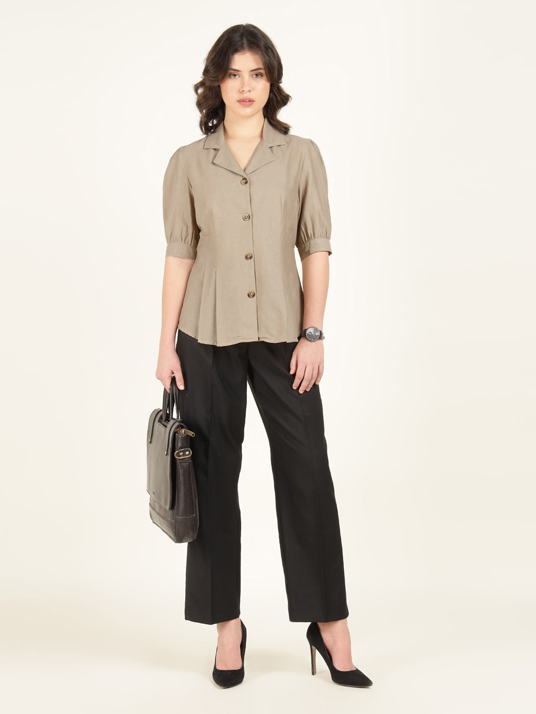 Hancock Women Beige Solid Pure Cotton Regular Fit Formal Shirt