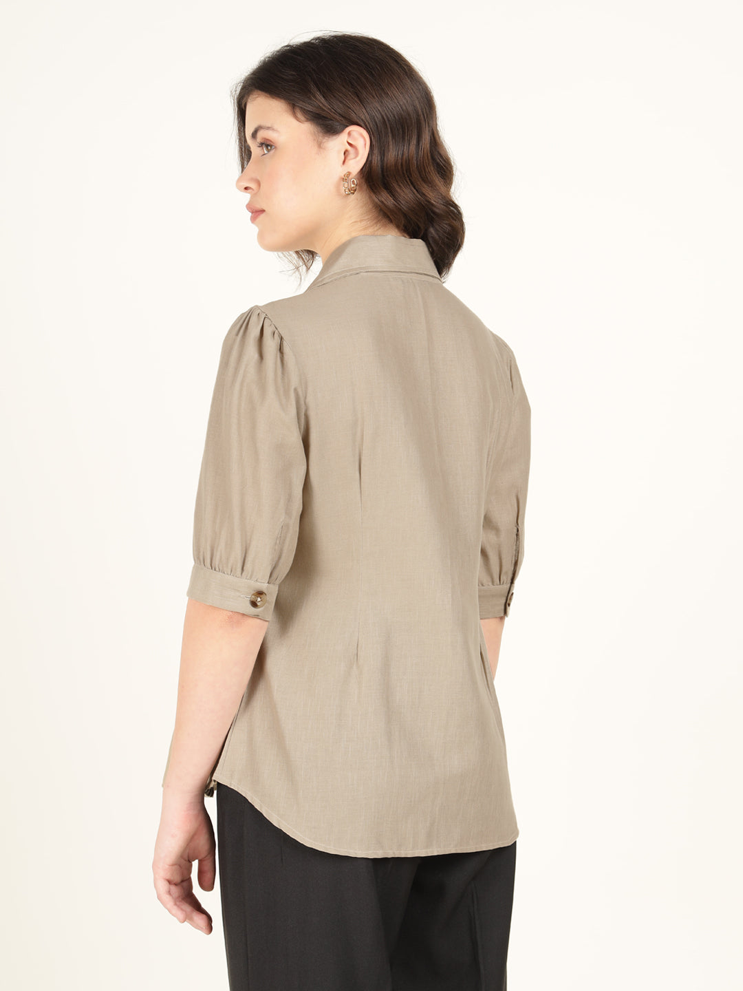 Hancock Women Beige Solid Pure Cotton Regular Fit Formal Shirt