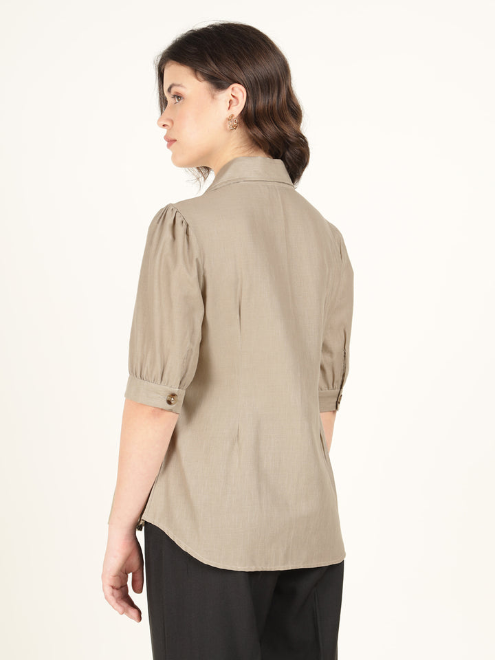 Hancock Women Beige Solid Pure Cotton Regular Fit Formal Shirt