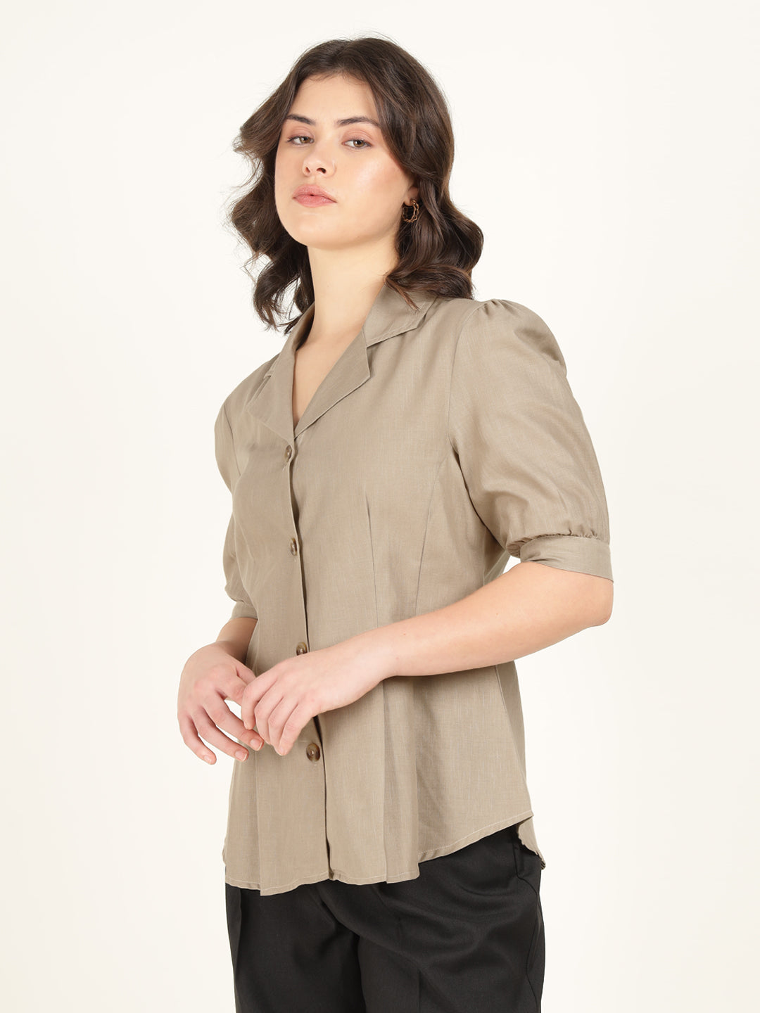 Hancock Women Beige Solid Pure Cotton Regular Fit Formal Shirt