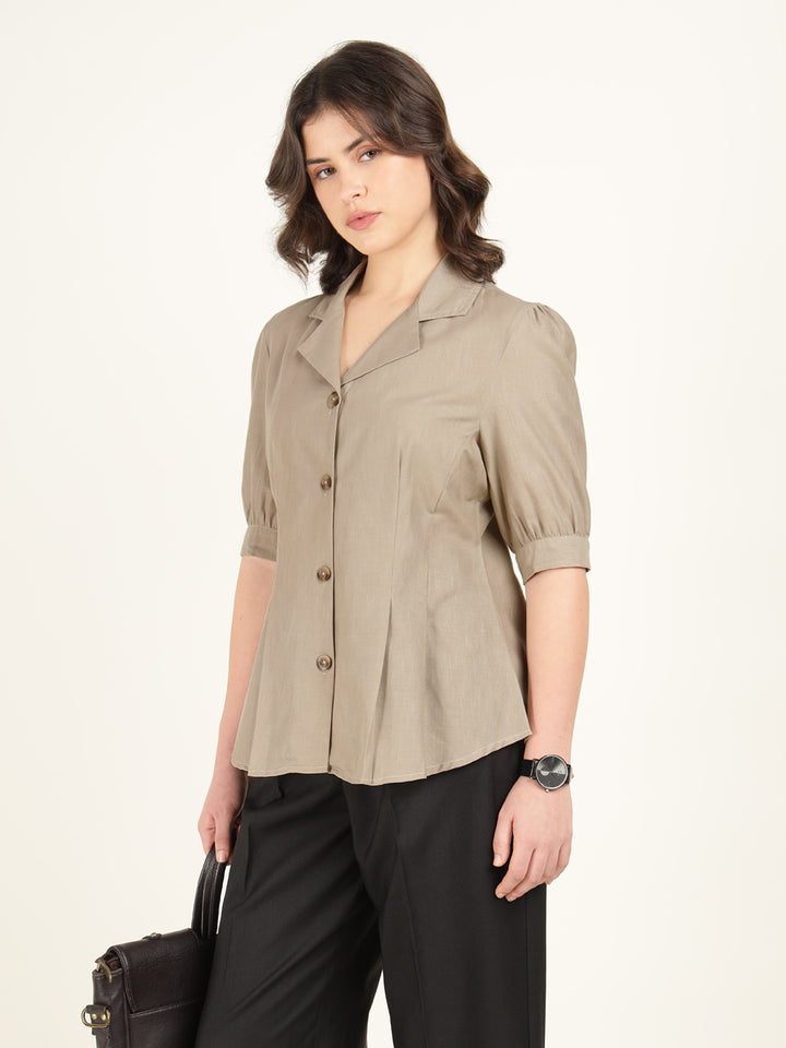 Hancock Women Beige Solid Pure Cotton Regular Fit Formal Shirt