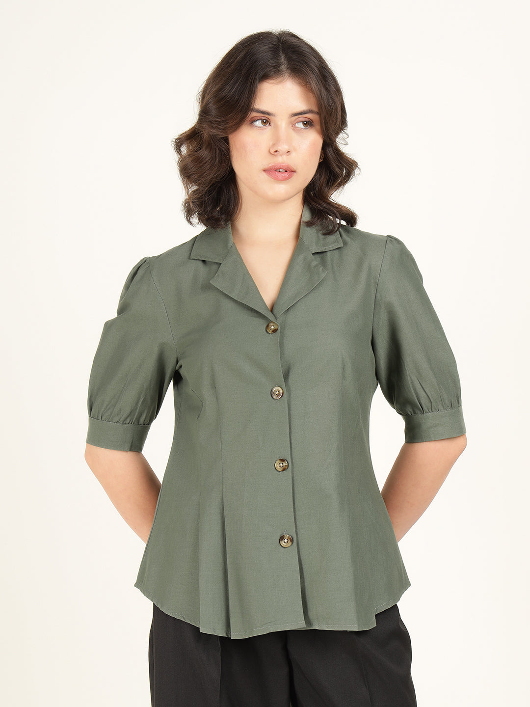 Women Olive Solid Pure Cotton Regular Fit Formal Shirt